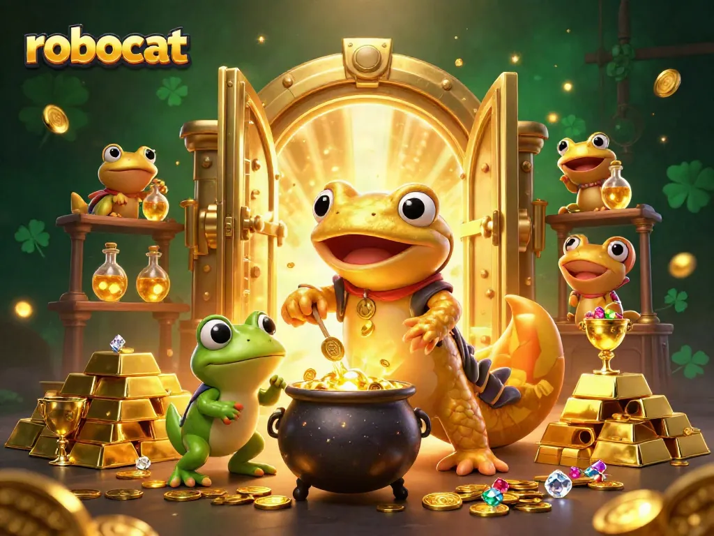 Engage in thrilling gameplay at Robocat Casino, featuring vibrant symbols and golden treasures.