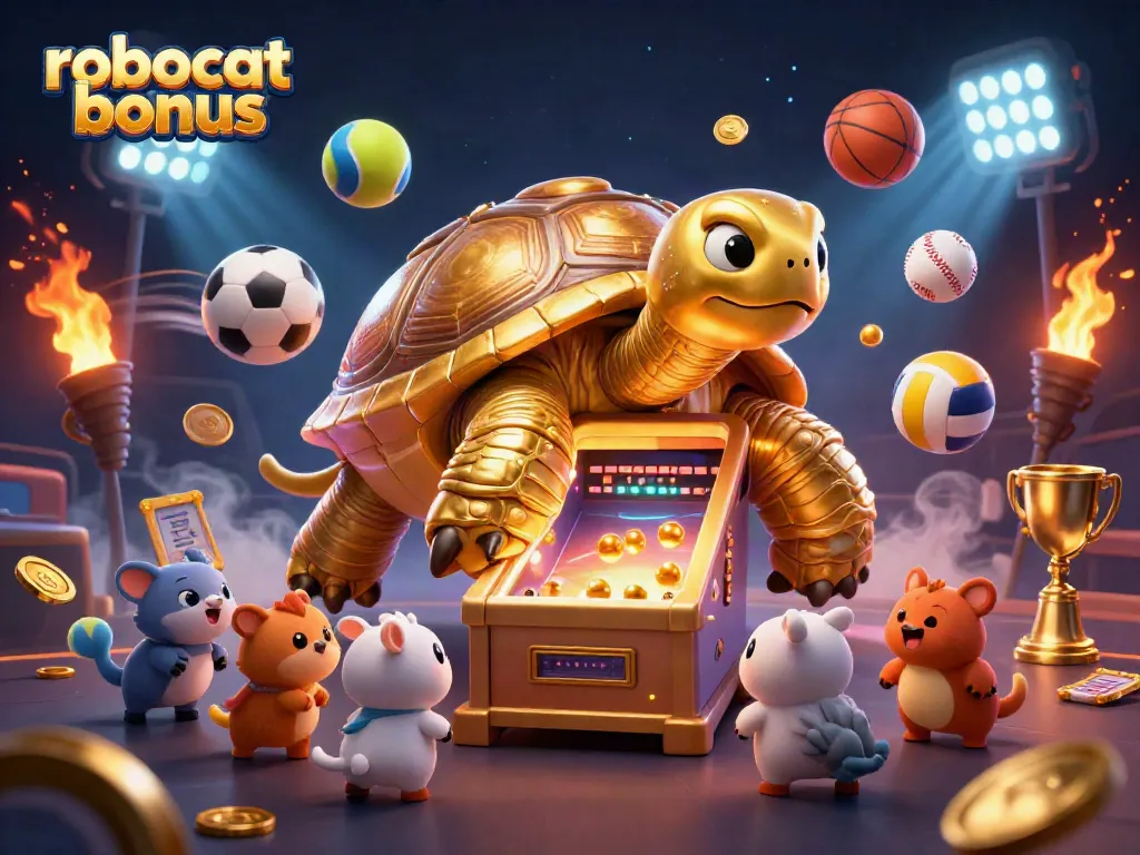 Experience the exciting robocat bonus in this vibrant casino scene featuring a colossal tortoise!