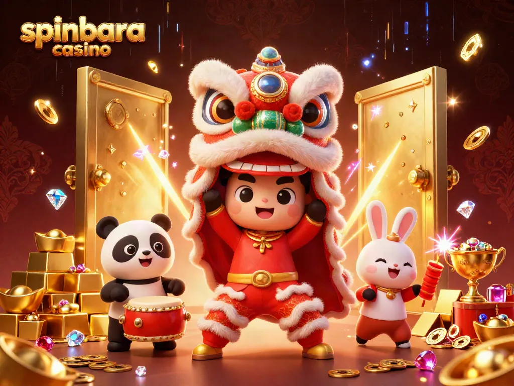 Spinbara casino offers thrilling experiences with festive characters and golden treasures in a vibrant casino scene.