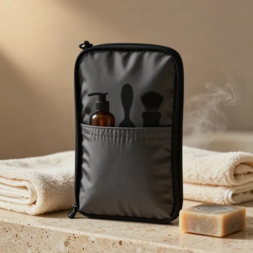 Neceser colgante de viaje abierto junto a toalla y jabón sobre piedra travertino, con vapor suave.