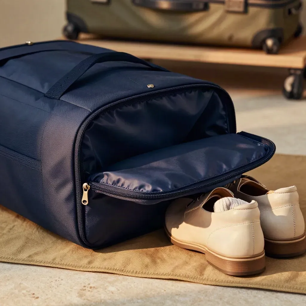 Bolsa doble para zapatos azul marino junto a zapatillas y calcetines sobre piedra.