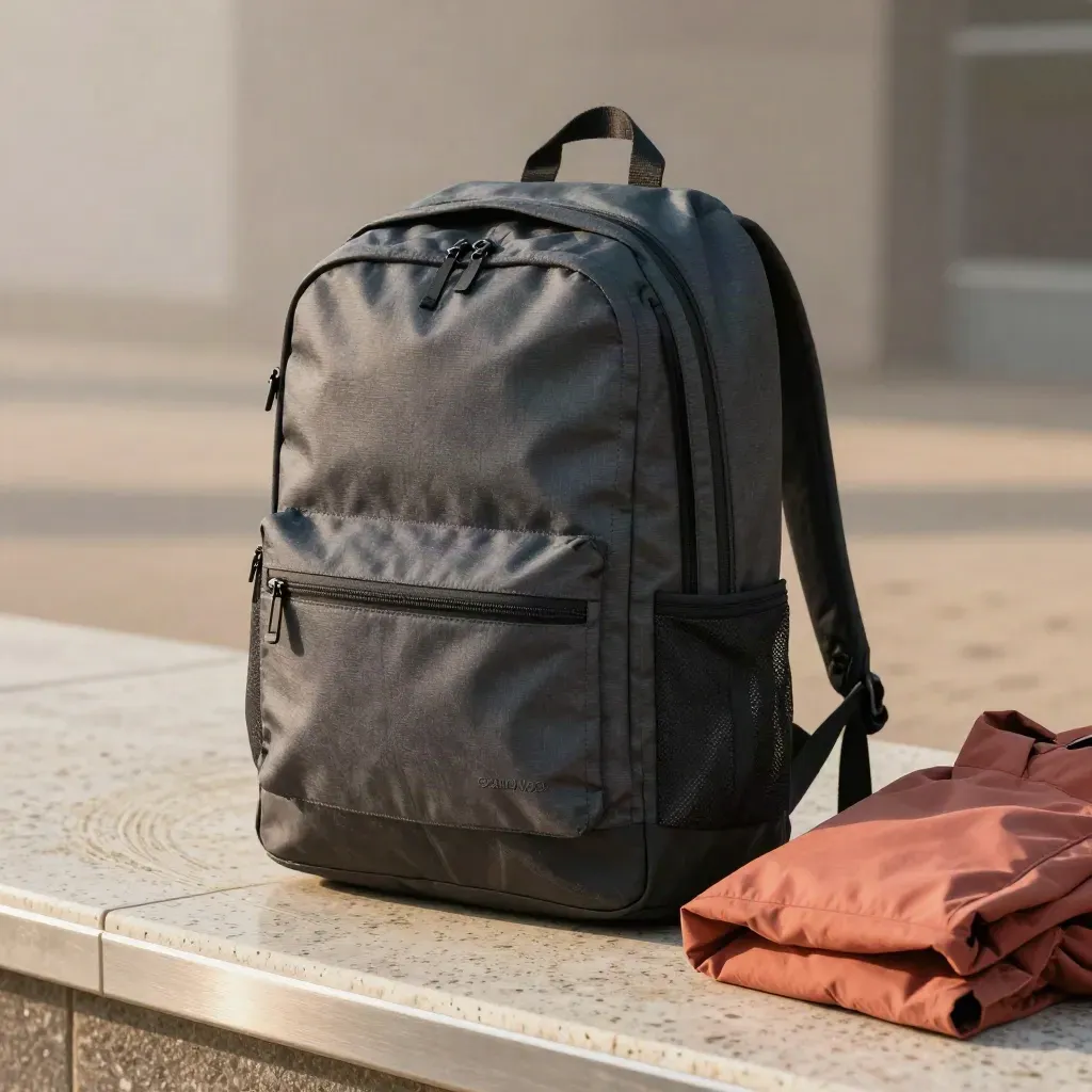 Mochila de cabina sobre piedra clara con chaqueta coral y ambiente de estación.