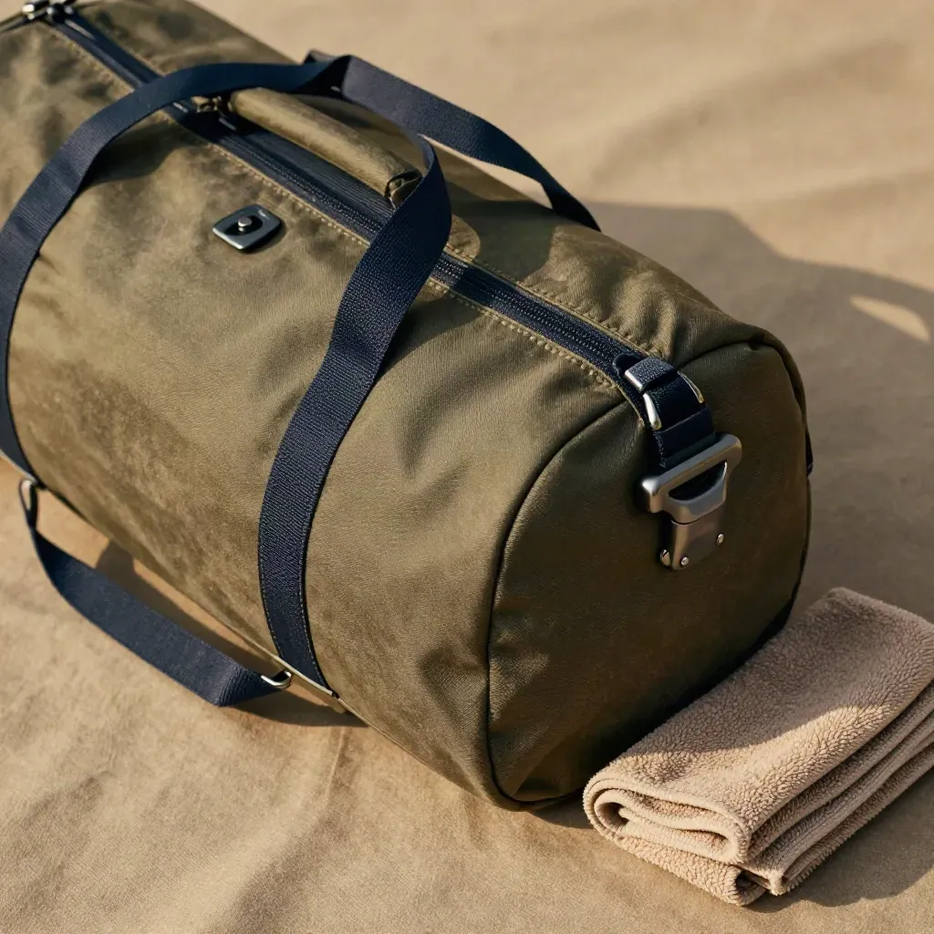 Bolsa de viaje de lona enrollada con asa trolley, correa azul marino y toalla plegada.