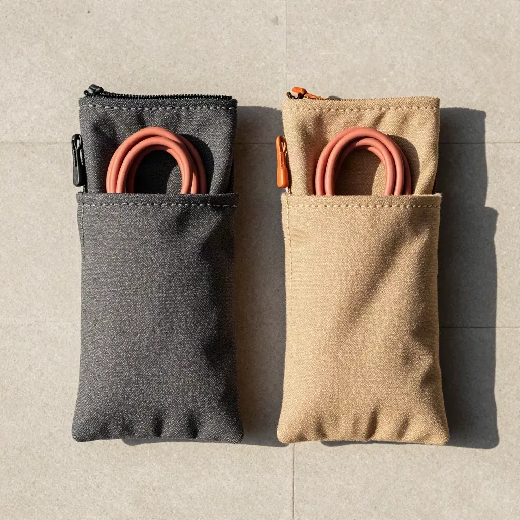 Dos fundas de cables con cordones enrollados sobre una base de hormigón claro.