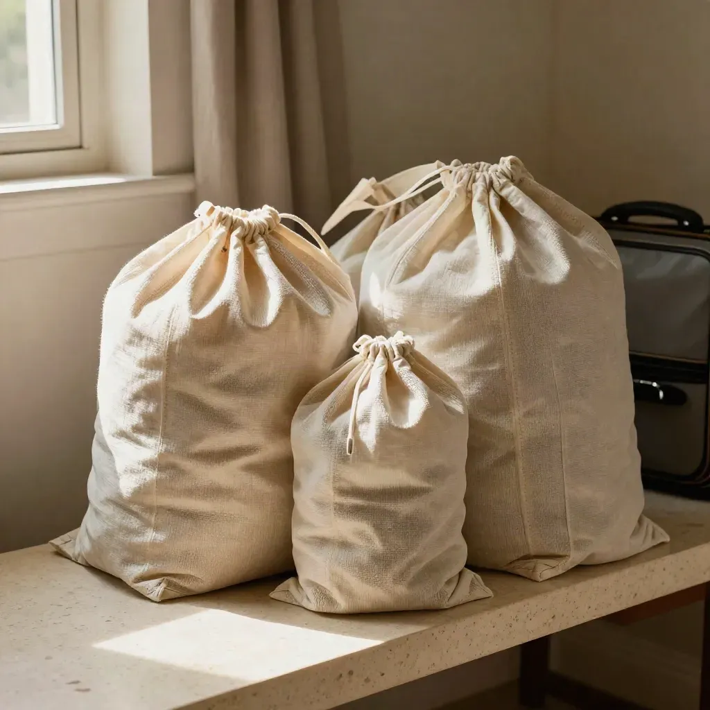 Tres bolsas de ropa sucia de viaje apiladas sobre travertino claro, con luz cálida y textura suave.
