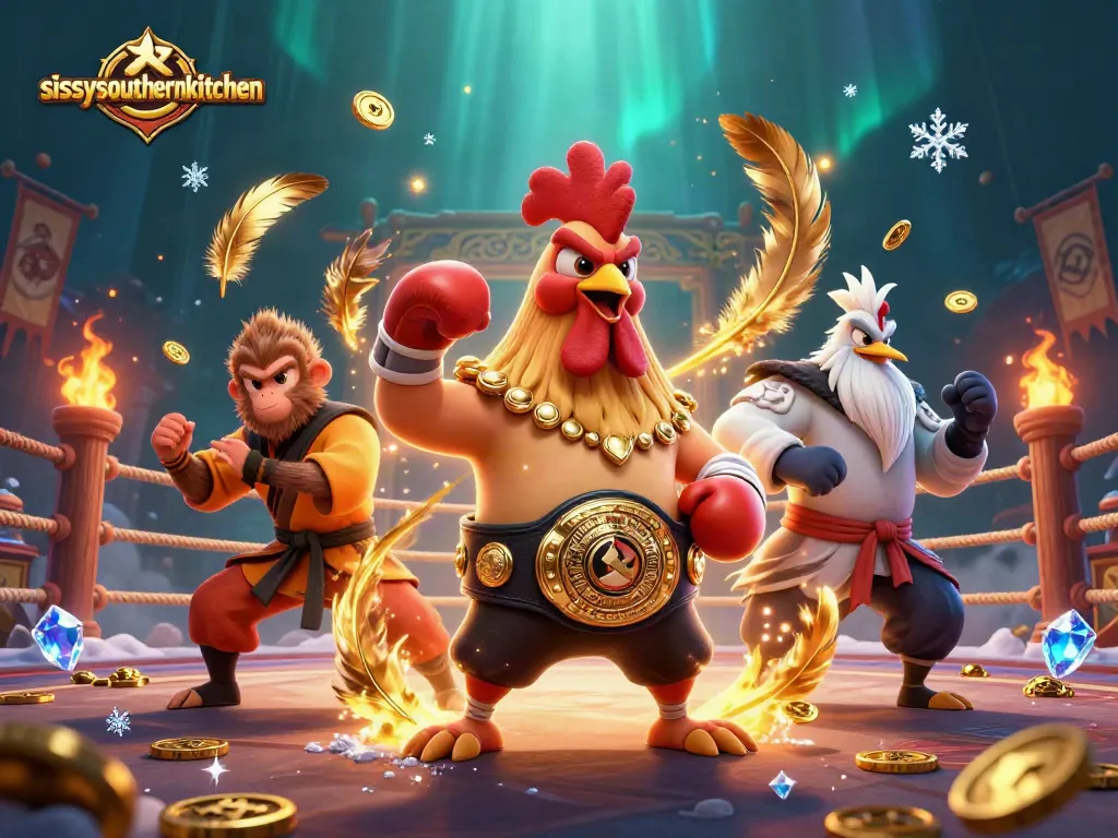 Sissy's Southern Kitchen showcases a thrilling 3D scene of rooster, monkey, and crane battling in a lively casino environment.